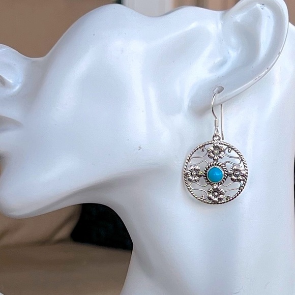 Arizona Sleeping Beauty Turquoise Sterling Silver Floral Dangle Earrings - Picture 2 of 10